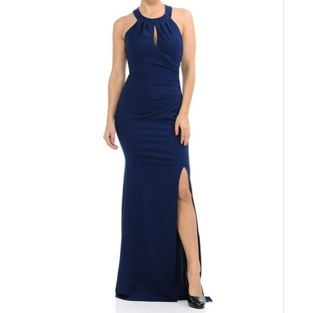 Lenovia Crossback Halter Thigh High Slit Gown Blue Size XXL NWT